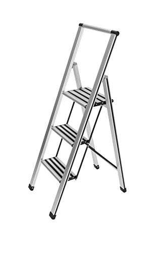 WENKO Alu-Design Klapptrittleiter 3-stufig Silber - rutschfeste Haushaltsleiter, Sicherheits-Stehlei...