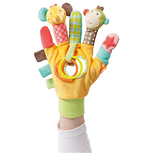 Fehn 074604 Spielhandschuh Safari – Fingerpuppen-Handschuh Affe und Elefant mit Rassel und Quietsc...