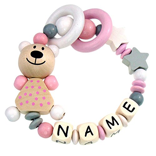 Premium Greifling mit Namen HOLZ Rassel Modell Teddybär Sterne grau rosa Premium Greifling mit Namen HOLZ Rassel Modell Teddybär Sterne grau rosa