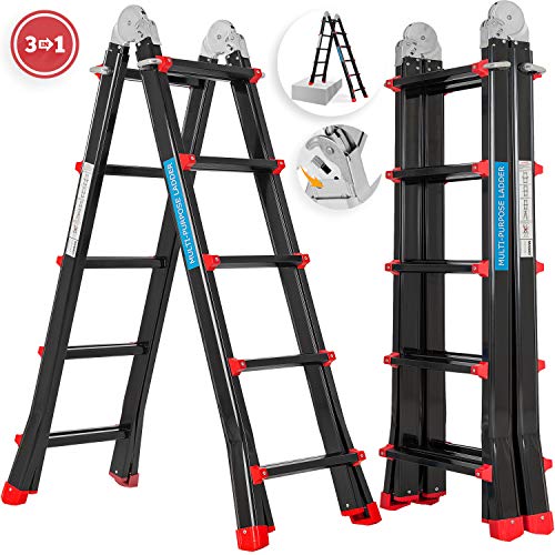MASKO® Aluleiter Mehrzweckleiter 5,10m 4x5 Sprossen Teleskopleiter ✓ Multifunktionsleiter ✓ Alu...