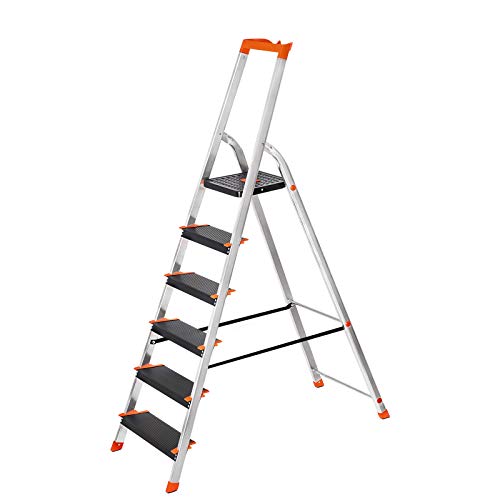 SONGMICS Leiter 6 Stufen, Aluleiter, 12 cm breite Stufen, Stehleiter, Werkzeugschale, Klappleiter, r...