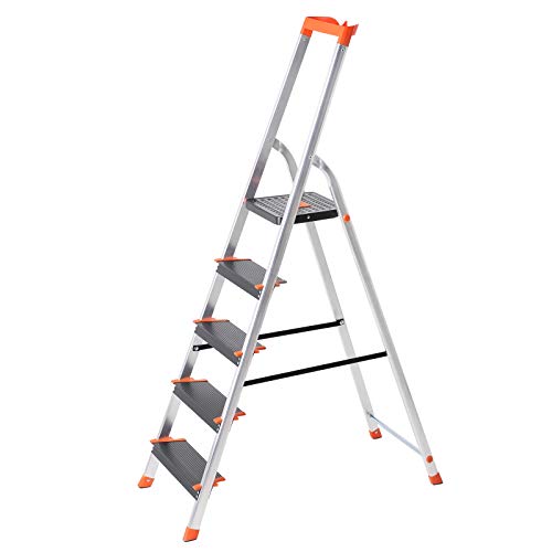 SONGMICS Leiter 5 Stufen, Aluleiter, 12 cm breite Stufen, Stehleiter, Werkzeugschale, Klappleiter, r... SONGMICS Leiter 5 Stufen, Aluleiter, 12 cm breite Stufen, Stehleiter, Werkzeugschale, Klappleiter, r...