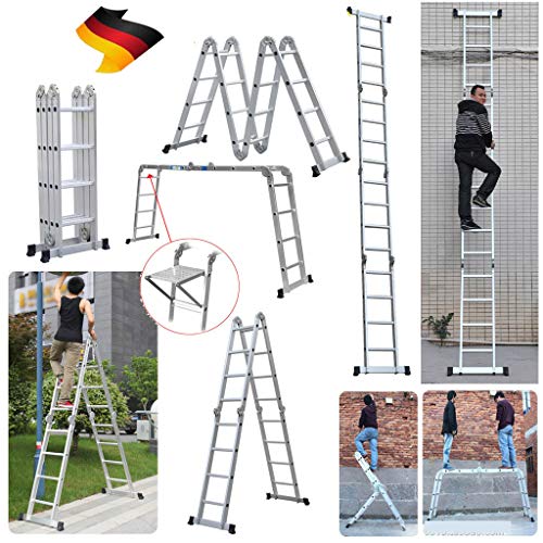 Alu Mehrzweckleitern 4.7M Gerüst Leiter mit Pattform Multigerüst Leiter 4x4 Sprossen, bis 150 kg b... Alu Mehrzweckleitern 4.7M Gerüst Leiter mit Pattform Multigerüst Leiter 4x4 Sprossen, bis 150 kg b...