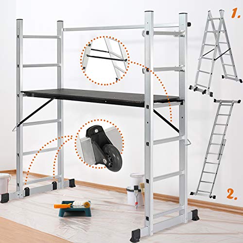 Jago® Baugerüst - Arbeitshöhe max. 280 cm, bis zu 150 kg Belastbar, Anti-Rutsch - Alu Multifunkti...